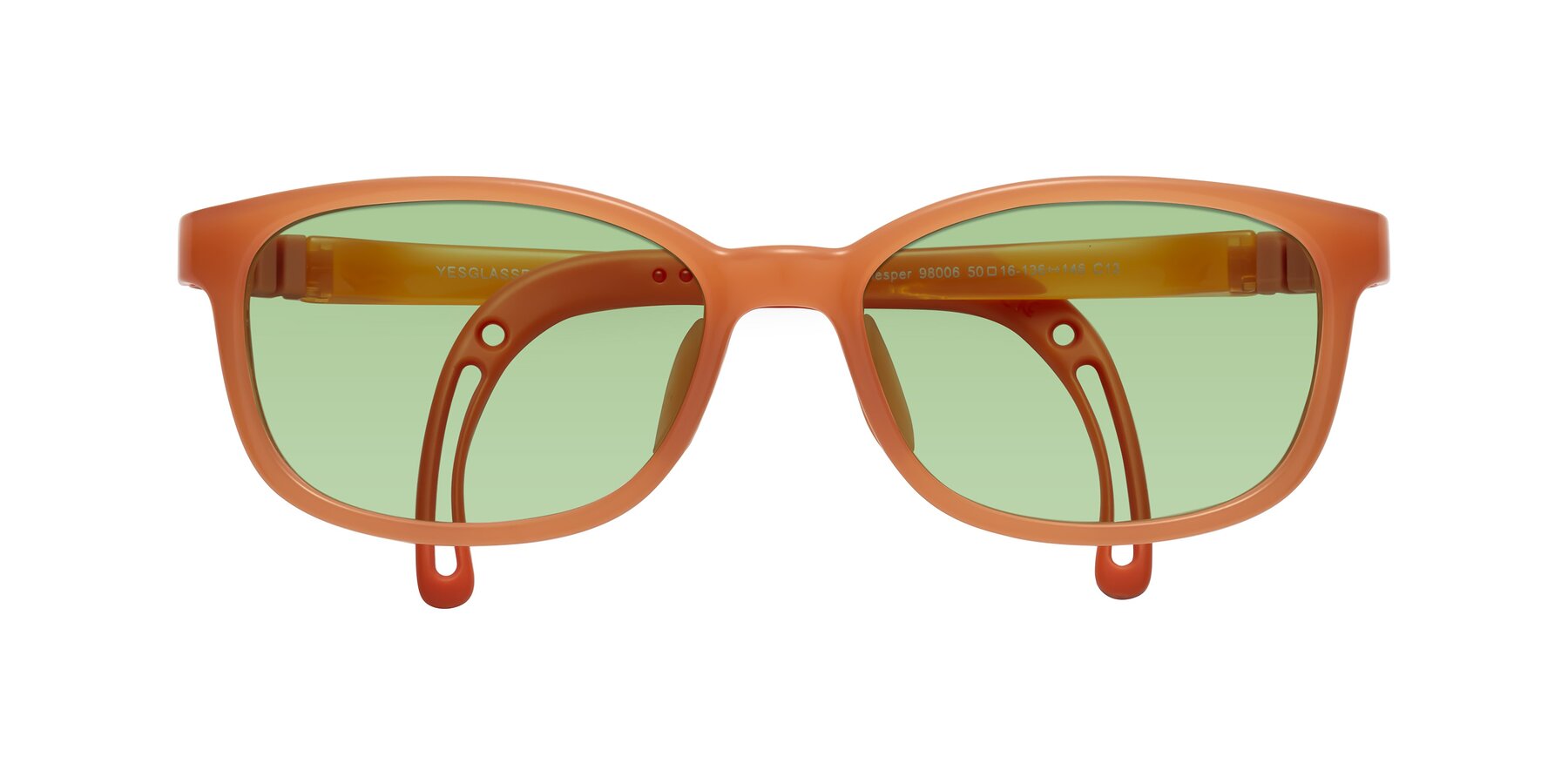 Folded Front of Hesper in Hunter Orange with Medium Green Tinted Lenses