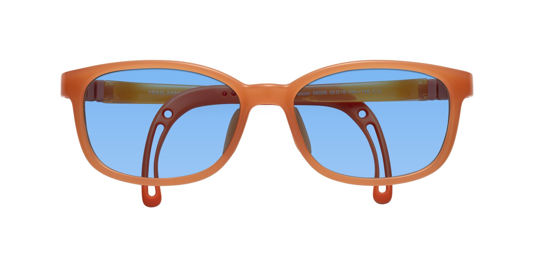 Folded Front of Hesper in Hunter Orange with Medium Blue Tinted Lenses