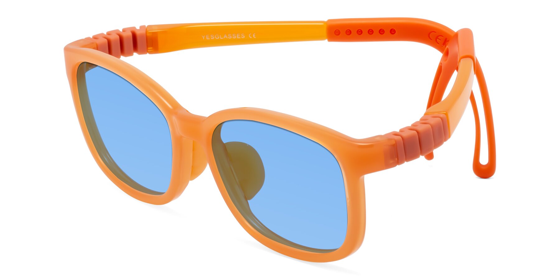 Angle of Hesper in Hunter Orange with Medium Blue Tinted Lenses