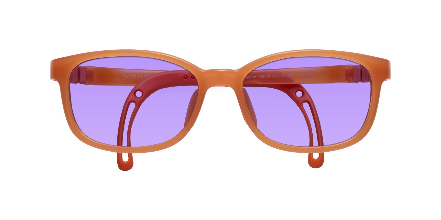 Folded Front of Hesper in Hunter Orange with Medium Purple Tinted Lenses