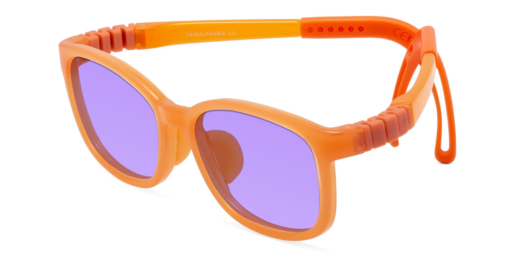 Angle of Hesper in Hunter Orange with Medium Purple Tinted Lenses