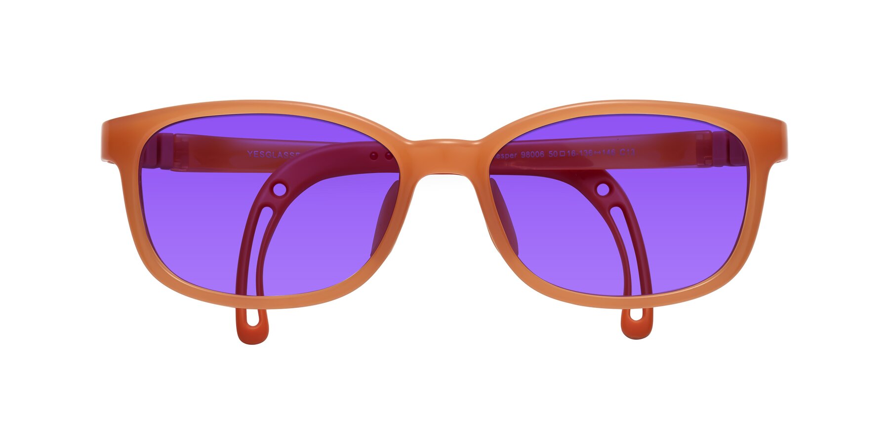 Folded Front of Hesper in Hunter Orange with Purple Tinted Lenses