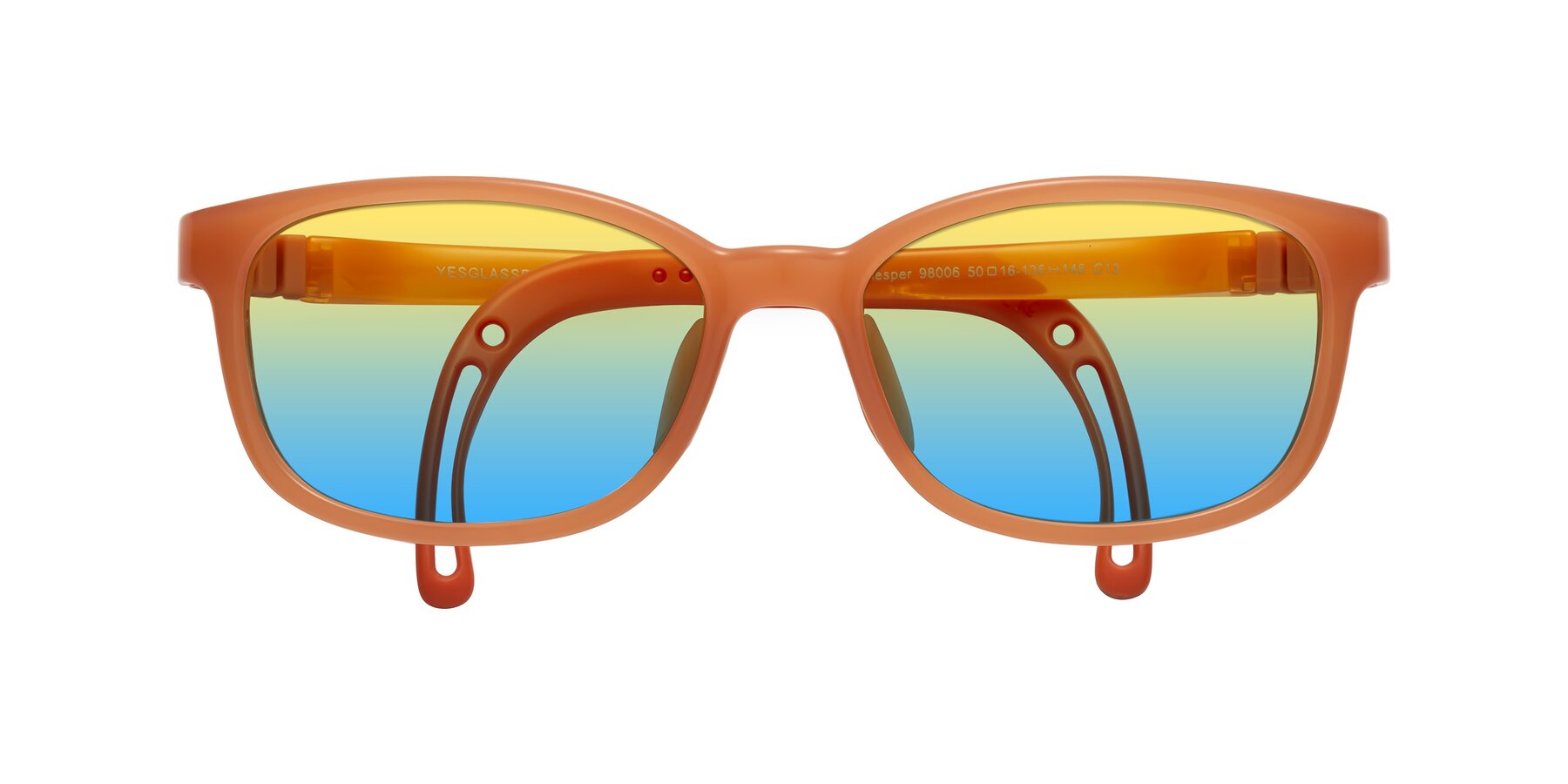 Folded Front of Hesper in Hunter Orange with Yellow / Blue Gradient Lenses