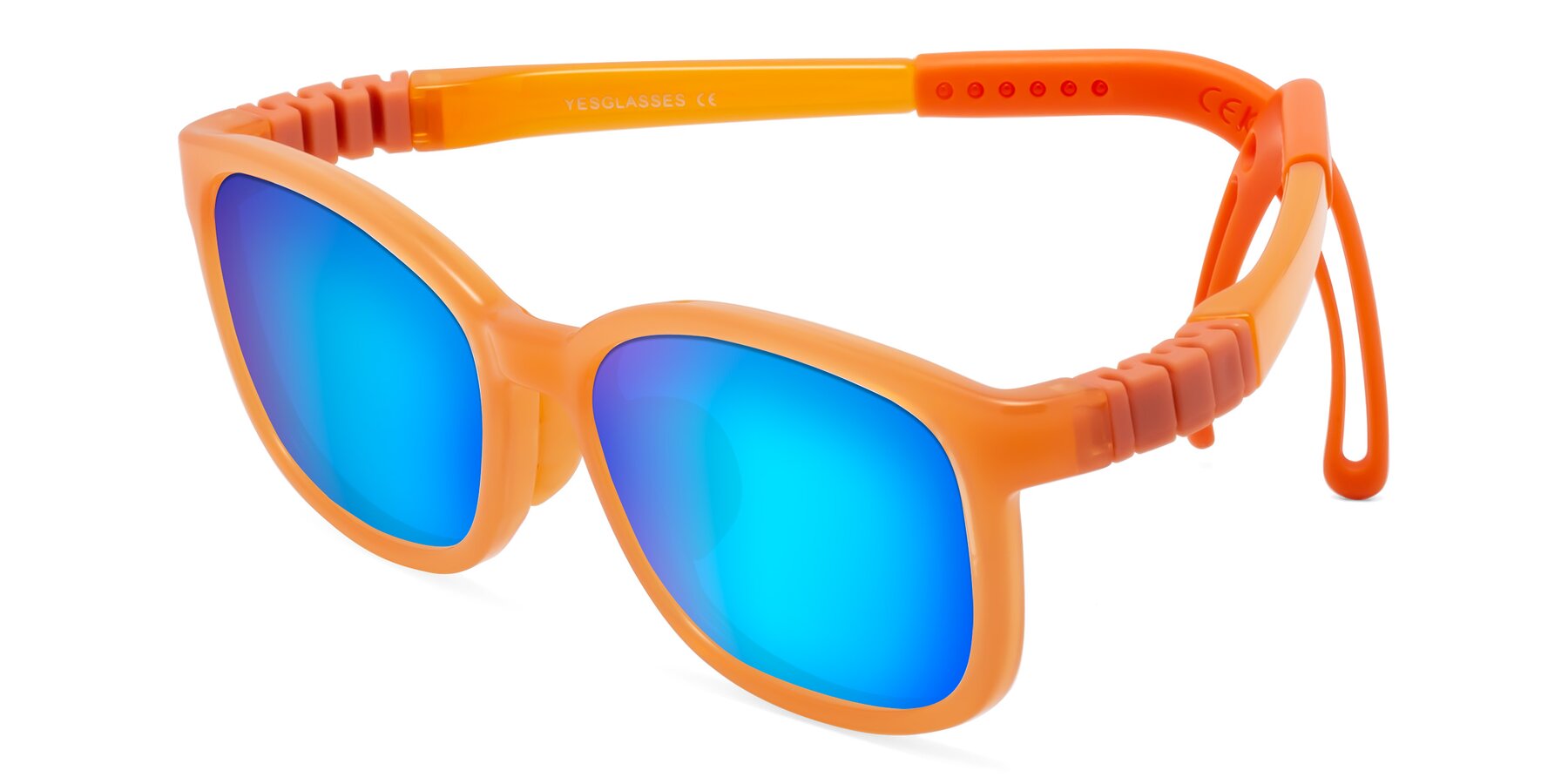 Angle of Hesper in Hunter Orange with Blue Mirrored Lenses