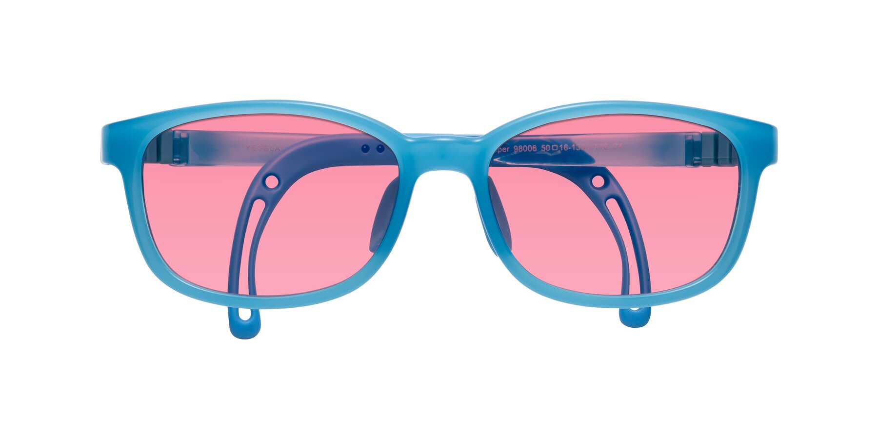 Folded Front of Hesper in Pilot Blue with Pink Tinted Lenses