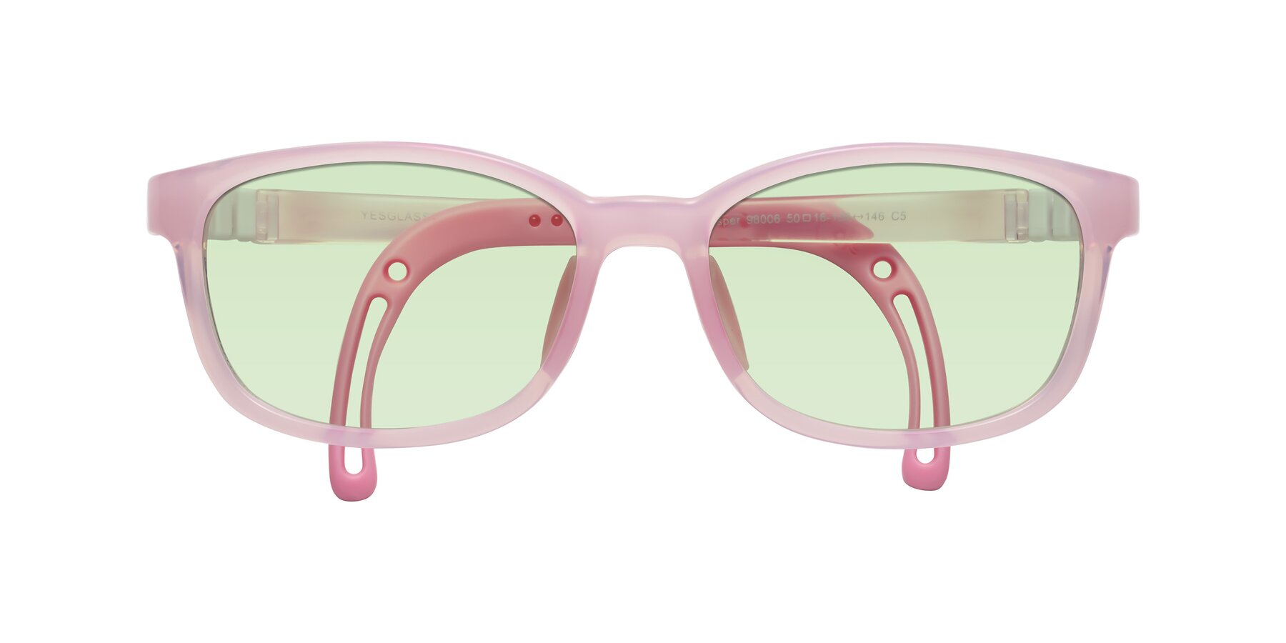 Folded Front of Hesper in Artist Pink with Light Green Tinted Lenses