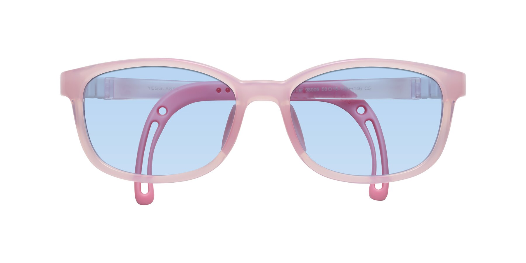 Folded Front of Hesper in Artist Pink with Light Blue Tinted Lenses