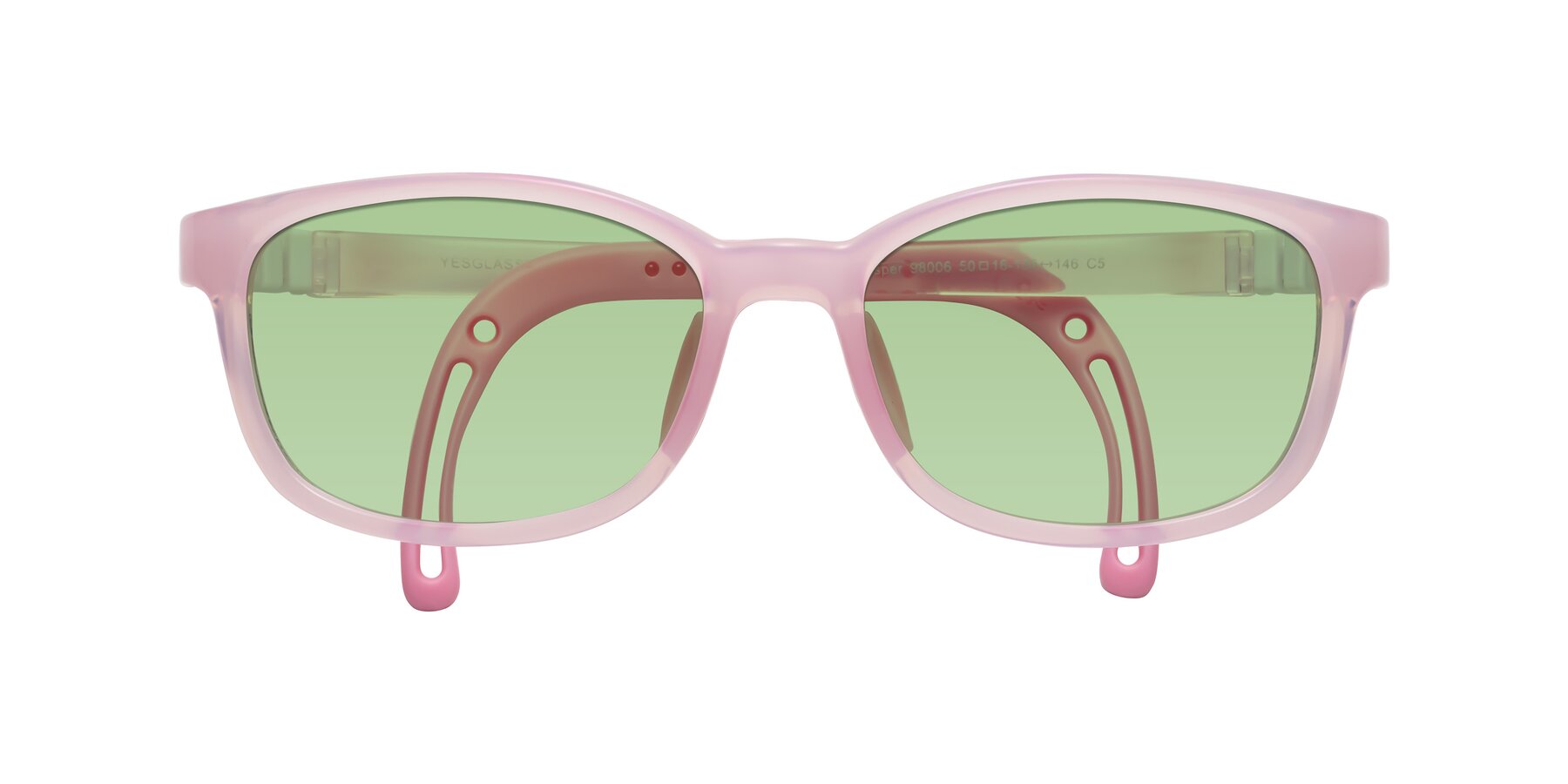 Folded Front of Hesper in Artist Pink with Medium Green Tinted Lenses