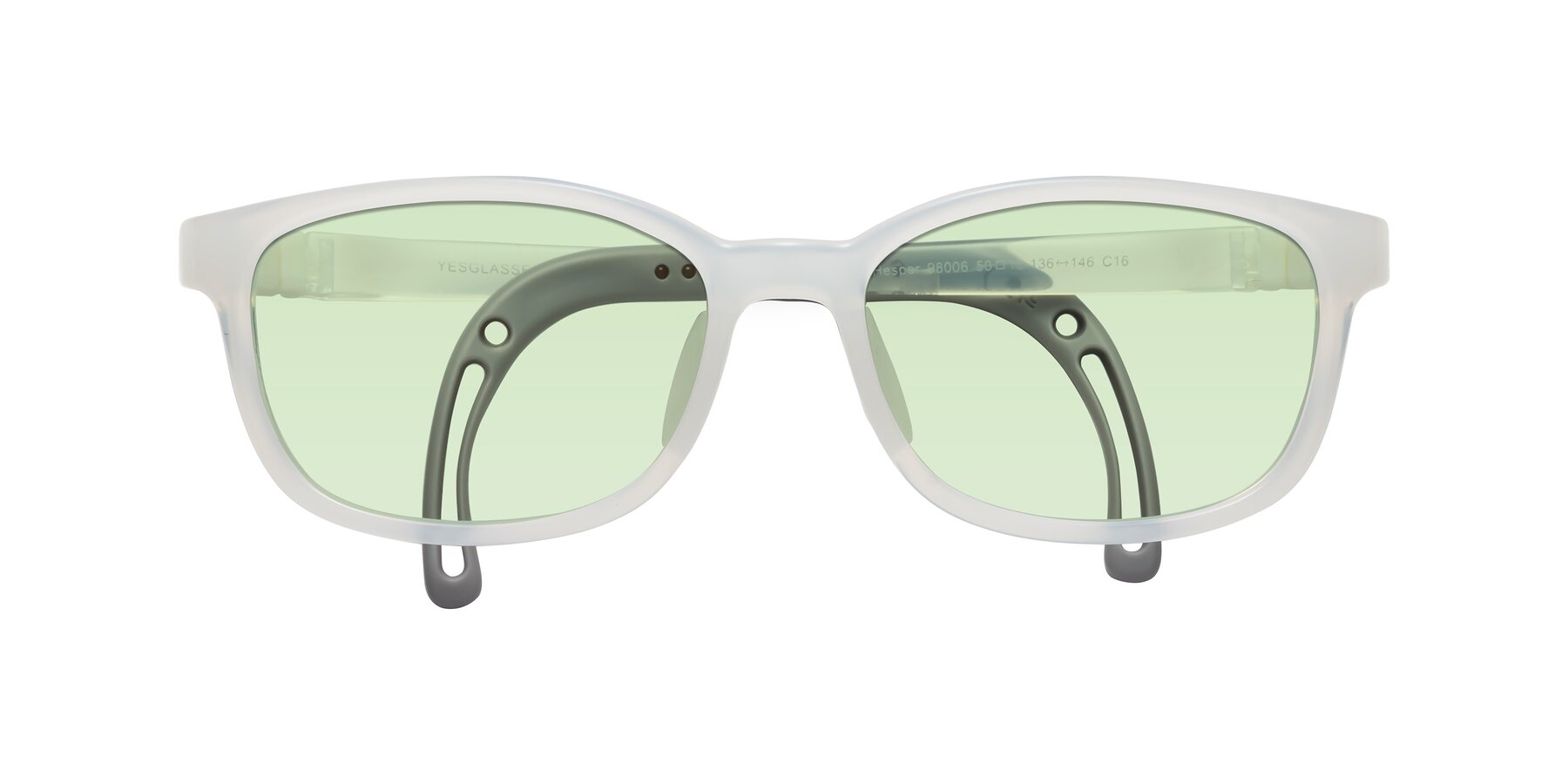 Folded Front of Hesper in Angel White with Light Green Tinted Lenses