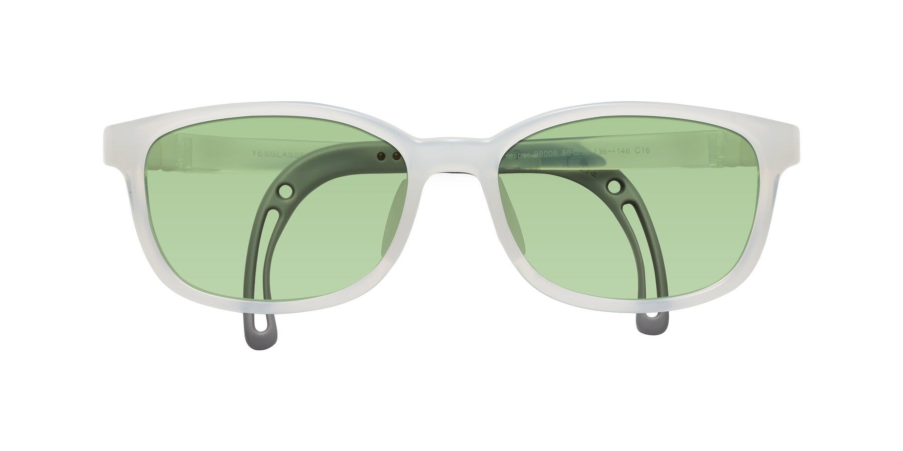 Folded Front of Hesper in Angel White with Medium Green Tinted Lenses