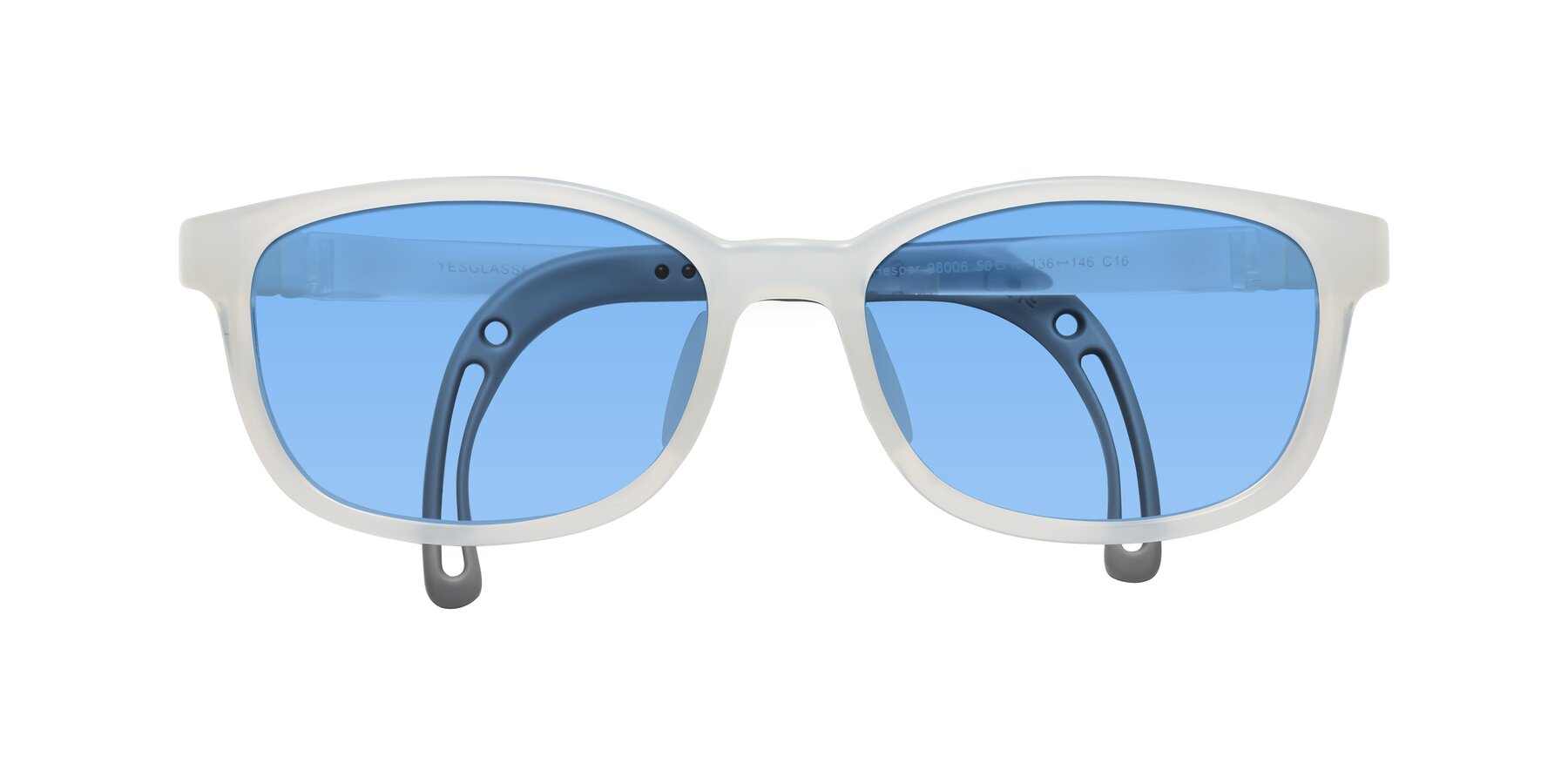 Folded Front of Hesper in Angel White with Medium Blue Tinted Lenses