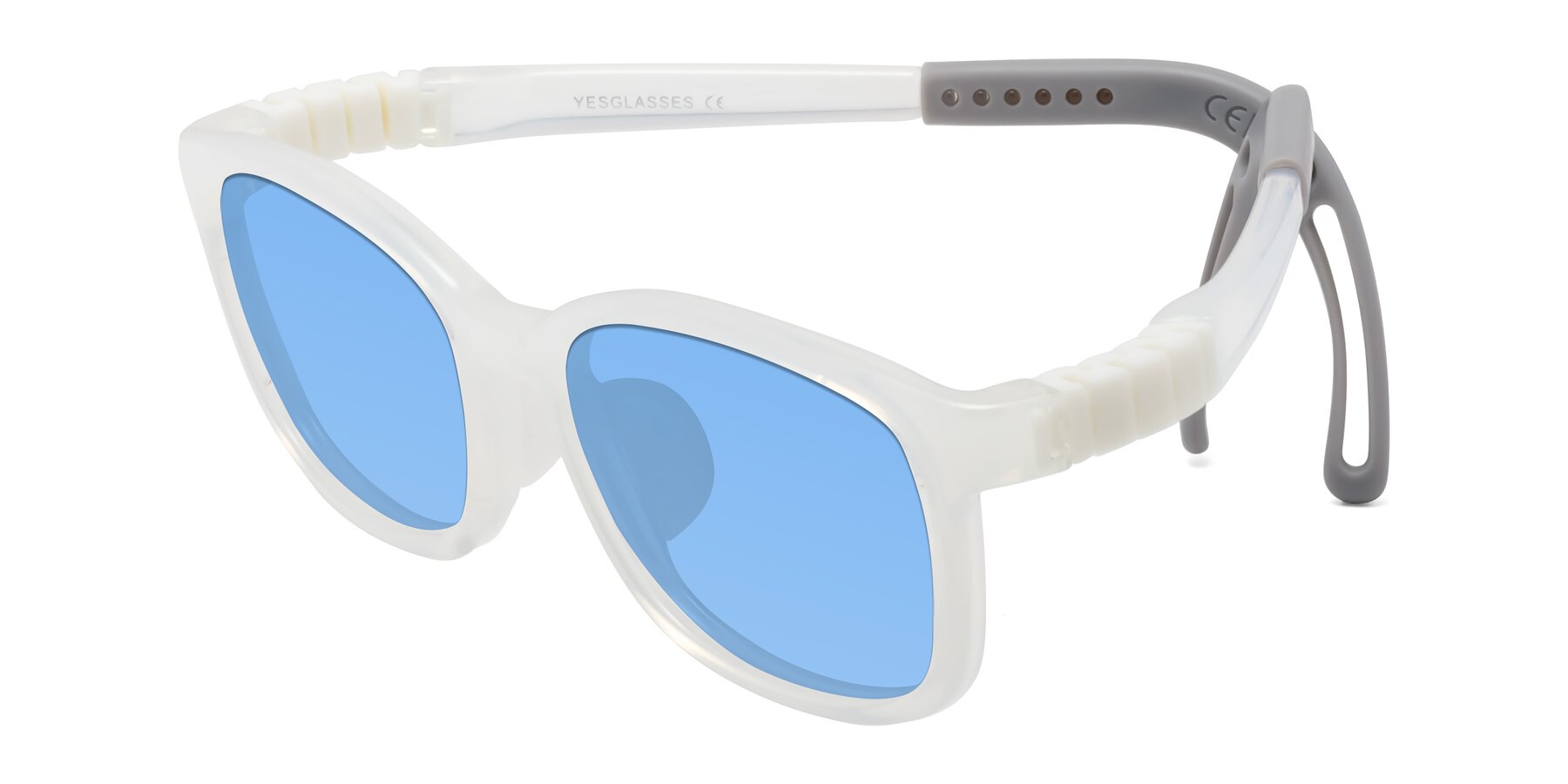 Angle of Hesper in Angel White with Medium Blue Tinted Lenses