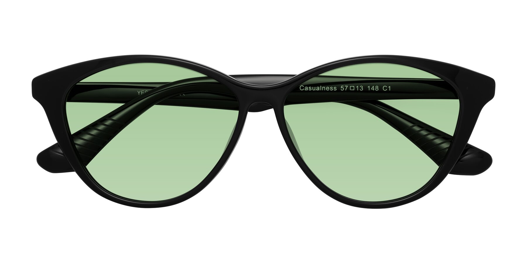 Folded Front of Casualness in Black with Medium Green Tinted Lenses