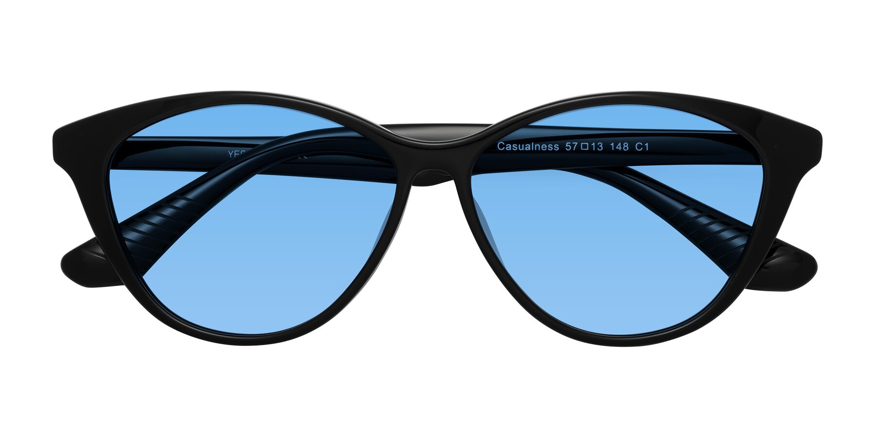 Folded Front of Casualness in Black with Medium Blue Tinted Lenses