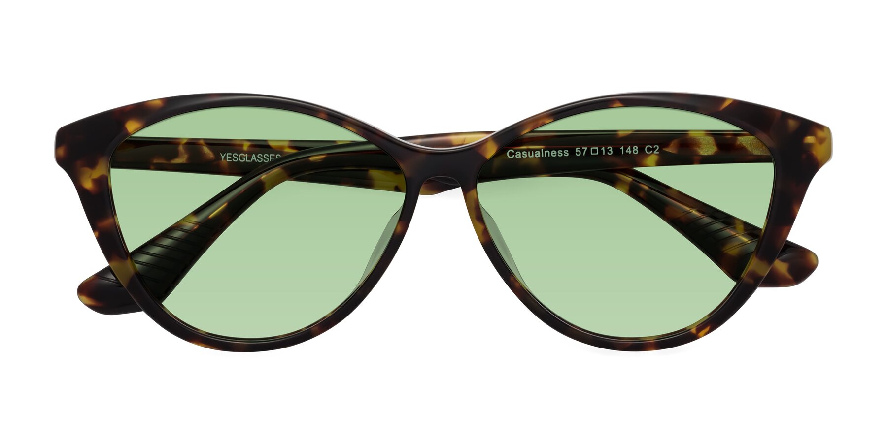 Folded Front of Casualness in Tortoise with Medium Green Tinted Lenses