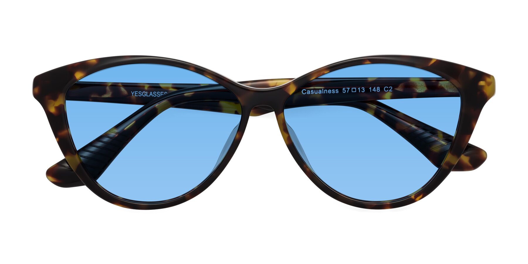 Folded Front of Casualness in Tortoise with Medium Blue Tinted Lenses