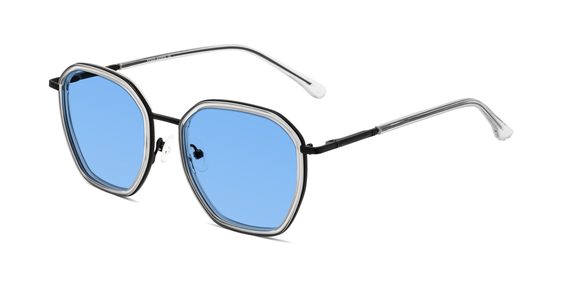 Angle of Fammily in Clear-Black with Medium Blue Tinted Lenses