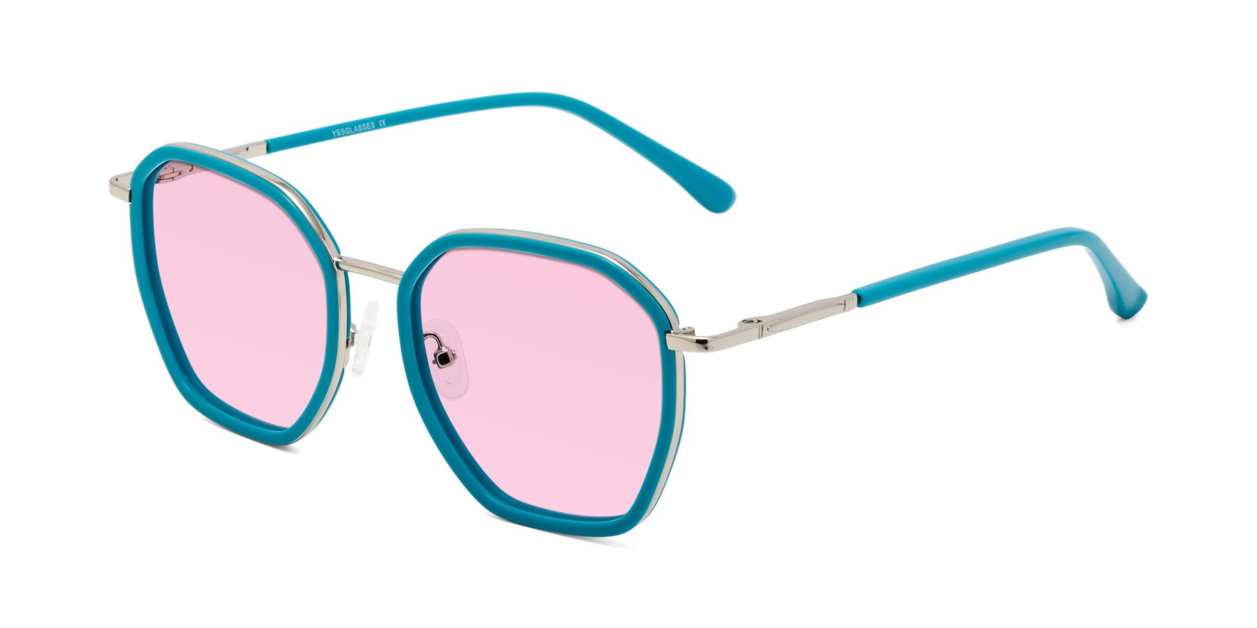 Angle of Fammily in Teal-Sliver with Light Pink Tinted Lenses