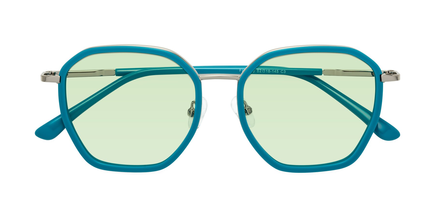 Folded Front of Fammily in Teal-Sliver with Light Green Tinted Lenses