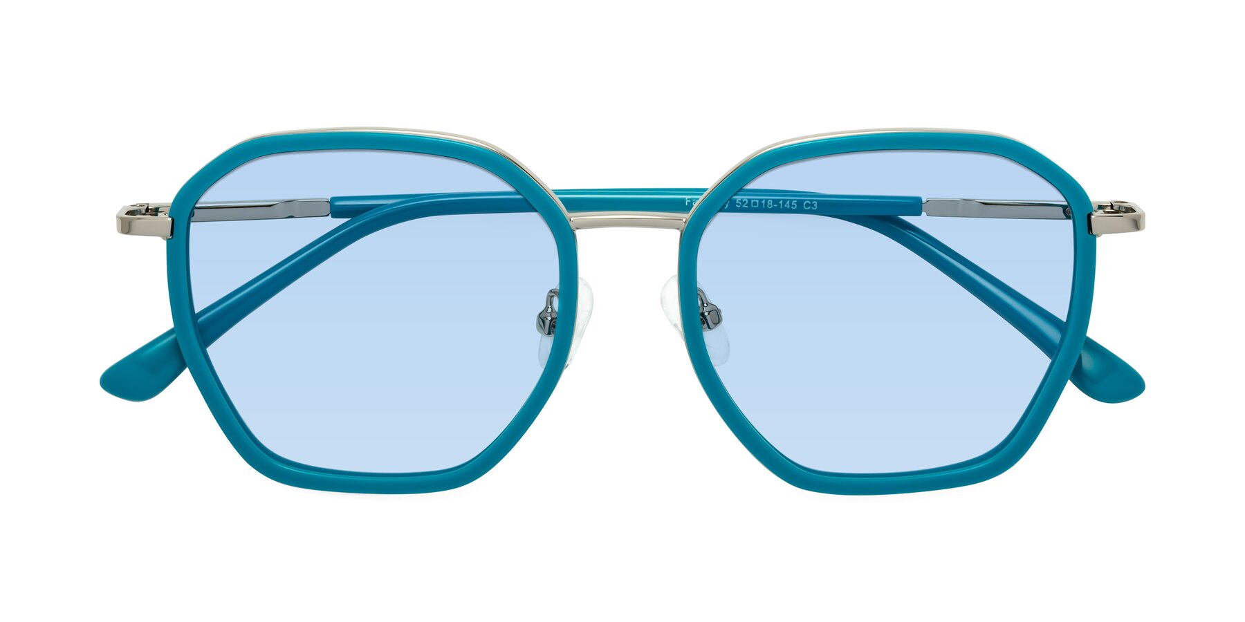 Folded Front of Fammily in Teal-Sliver with Light Blue Tinted Lenses