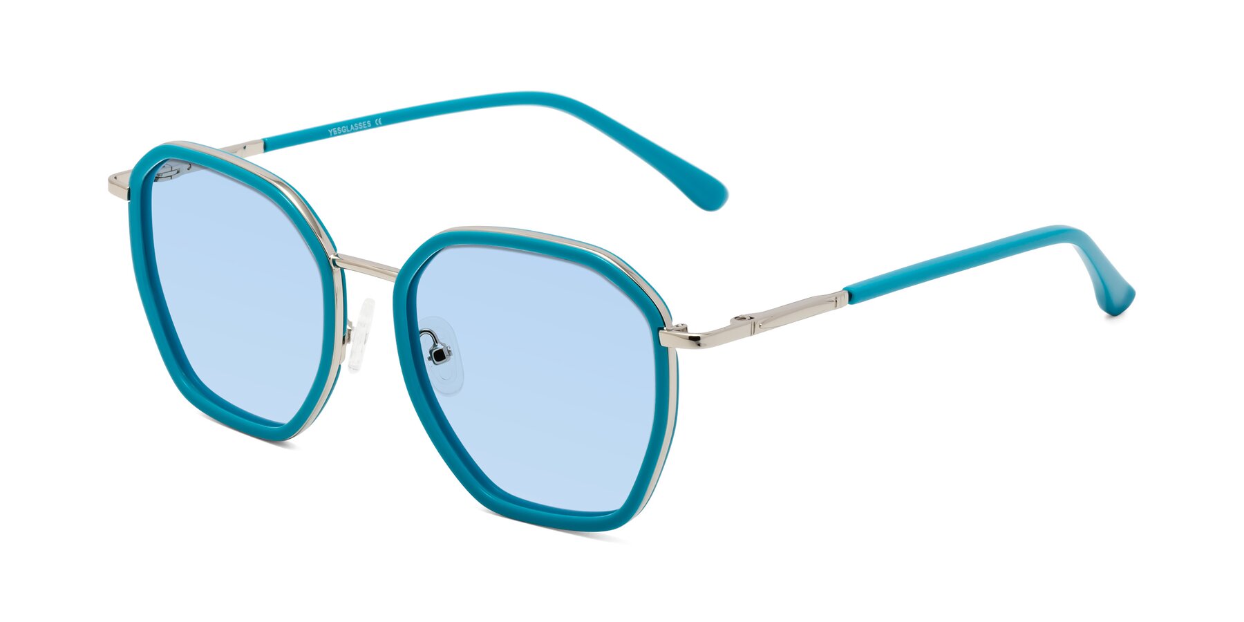 Angle of Fammily in Teal-Sliver with Light Blue Tinted Lenses