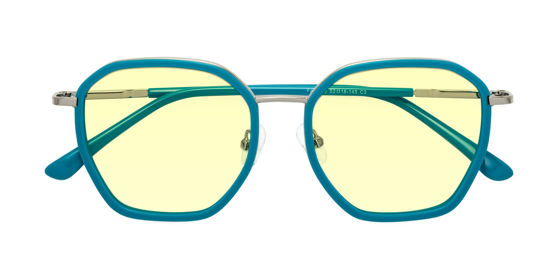 Folded Front of Fammily in Teal-Sliver with Light Yellow Tinted Lenses