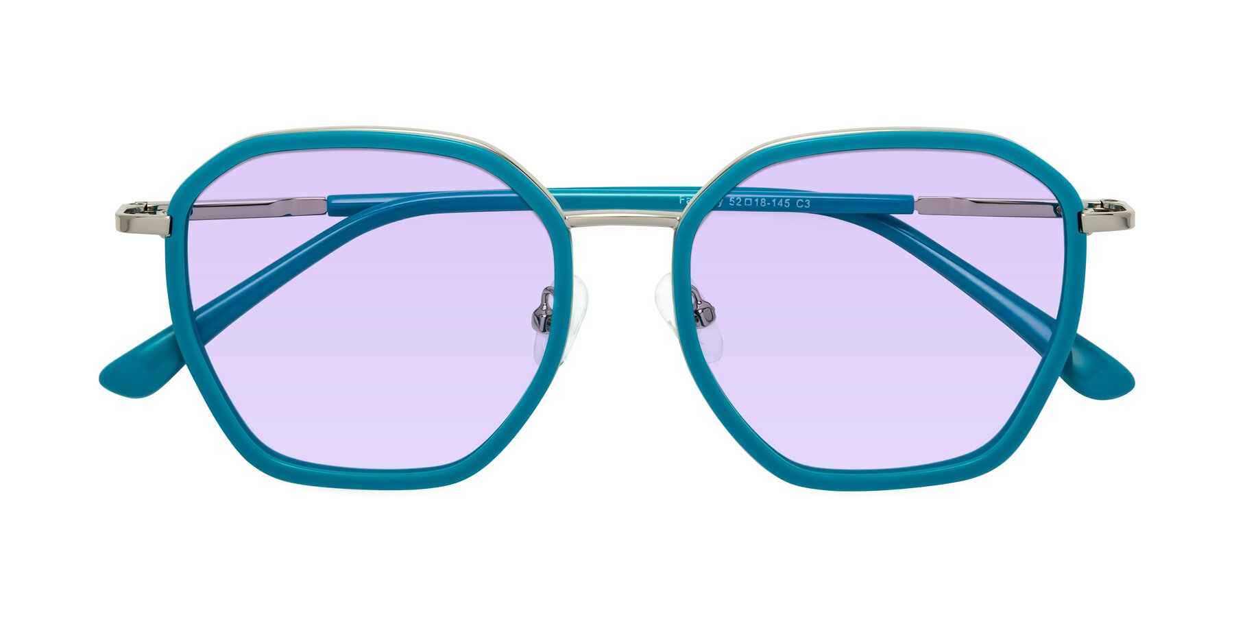 Folded Front of Fammily in Teal-Sliver with Light Purple Tinted Lenses