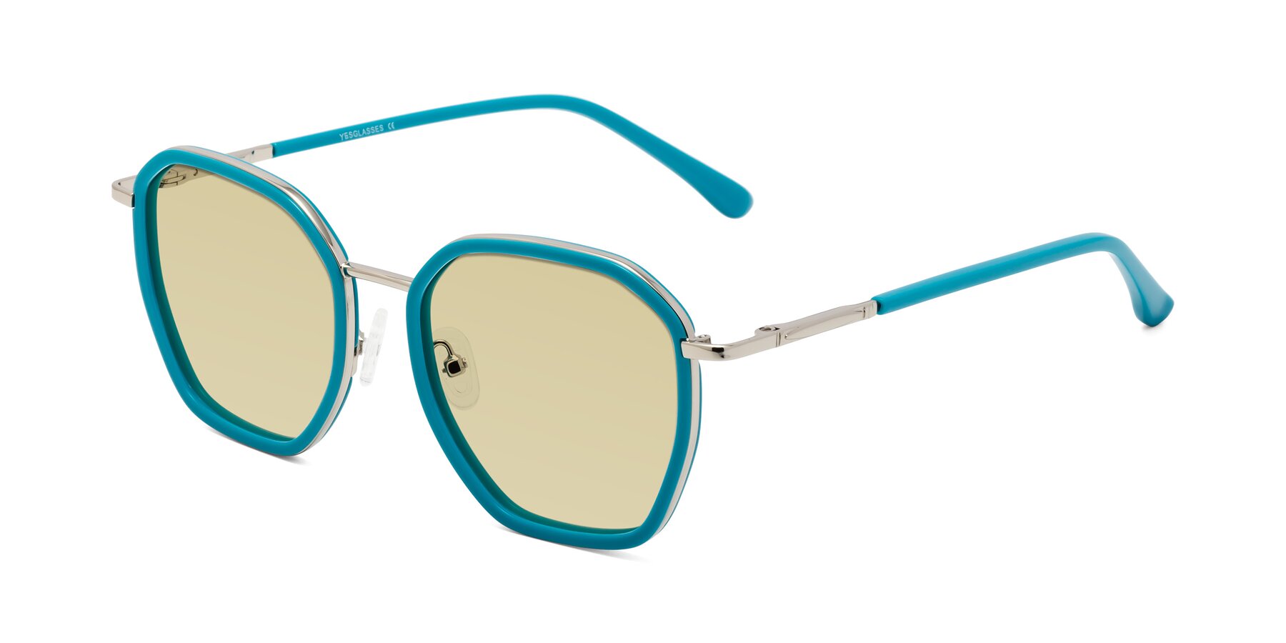 Angle of Fammily in Teal-Sliver with Light Champagne Tinted Lenses