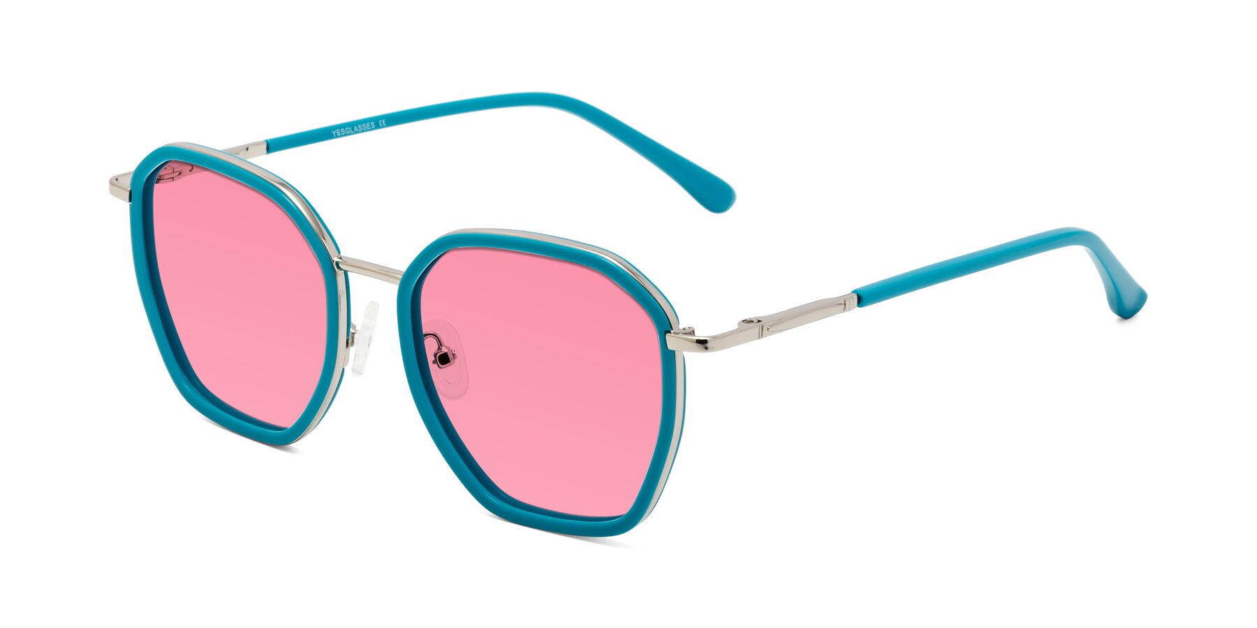 Angle of Fammily in Teal-Sliver with Pink Tinted Lenses