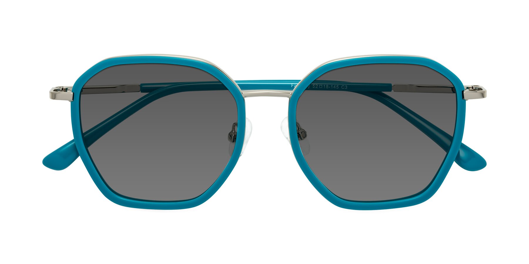 Folded Front of Fammily in Teal-Sliver with Medium Gray Tinted Lenses