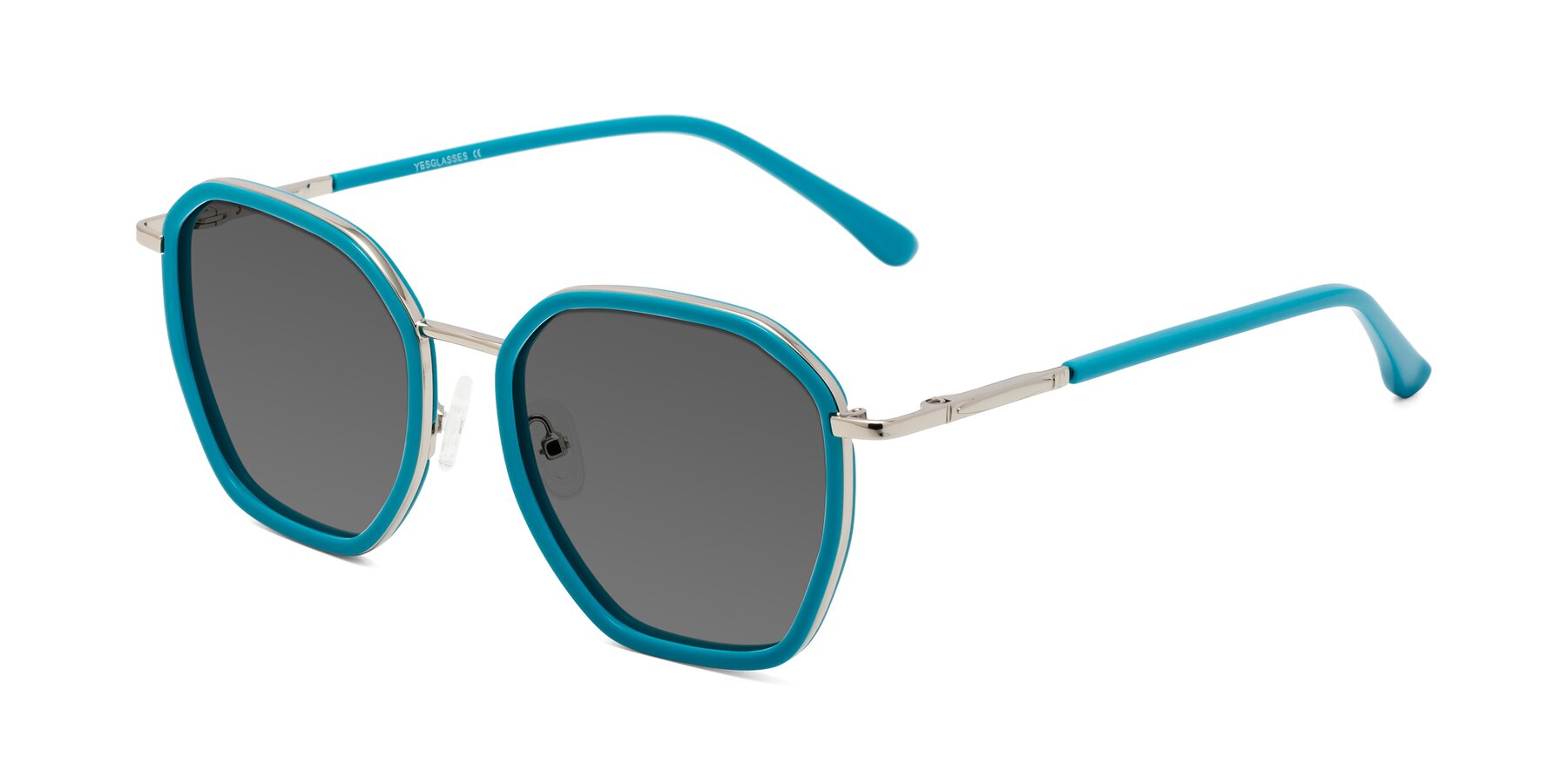 Angle of Fammily in Teal-Sliver with Medium Gray Tinted Lenses