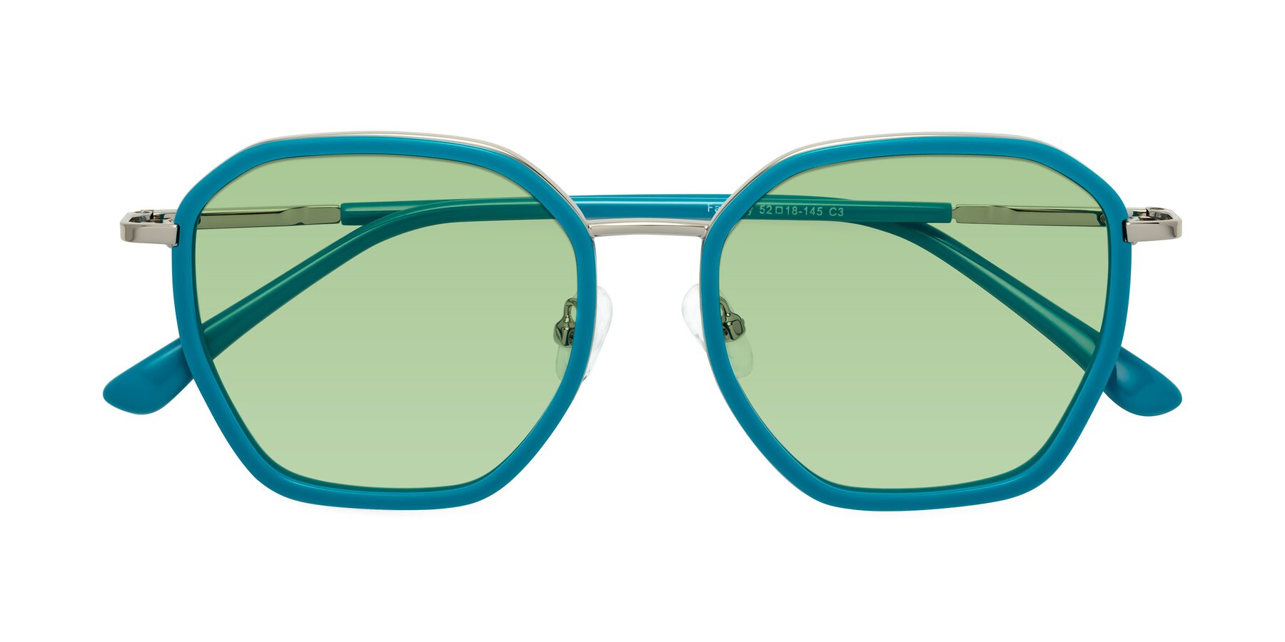 Folded Front of Fammily in Teal-Sliver with Medium Green Tinted Lenses