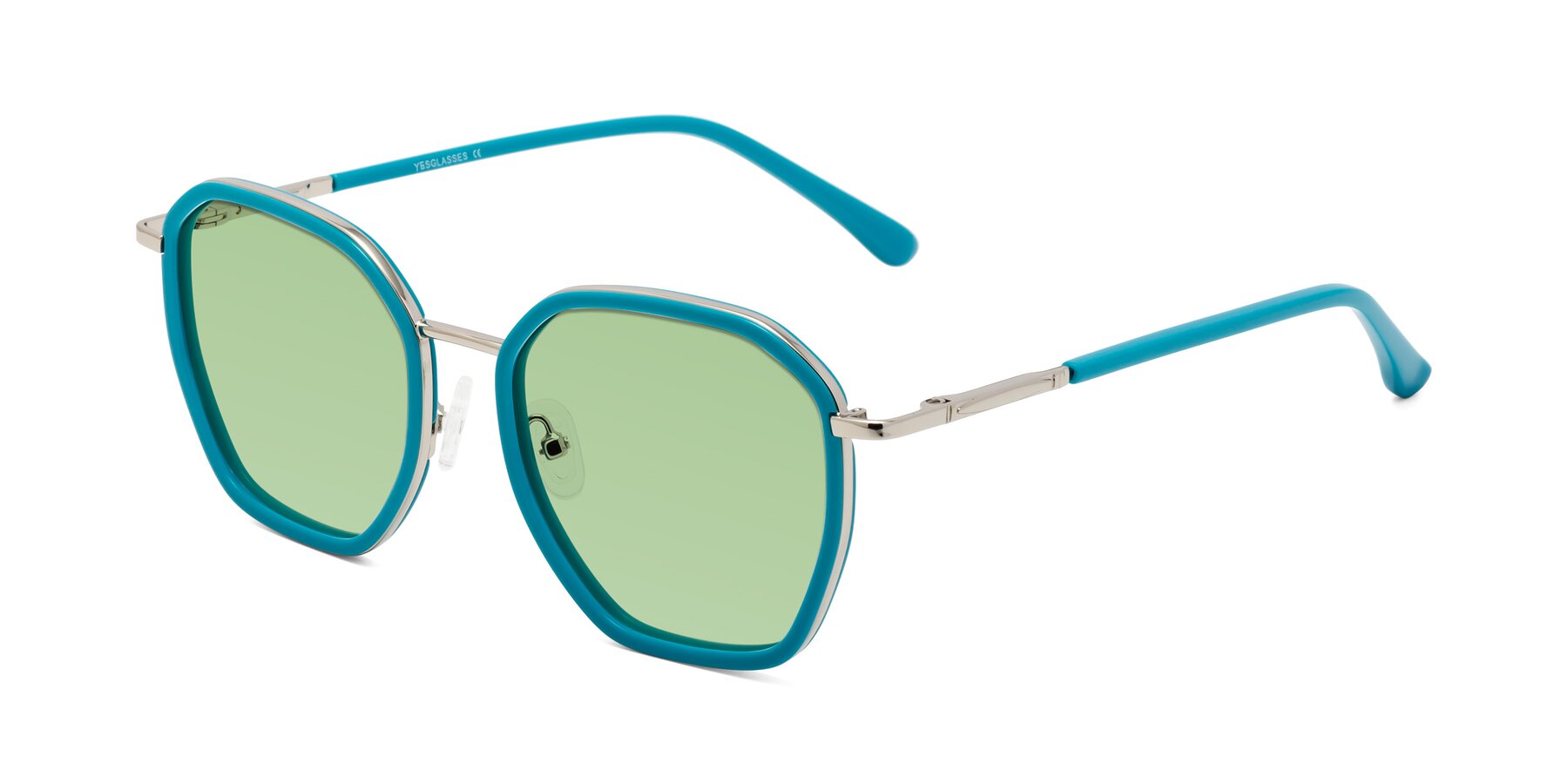 Angle of Fammily in Teal-Sliver with Medium Green Tinted Lenses