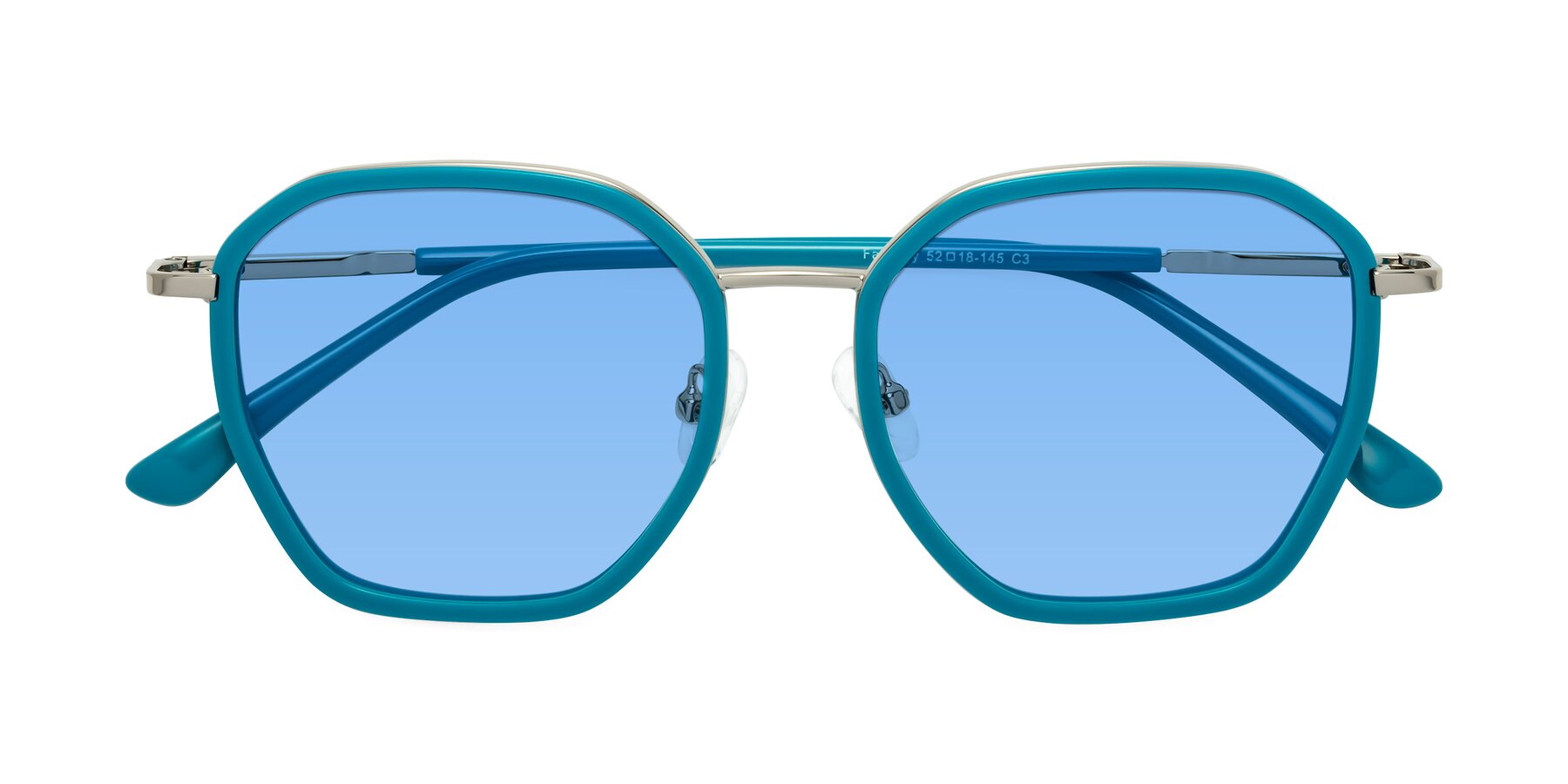 Folded Front of Fammily in Teal-Sliver with Medium Blue Tinted Lenses