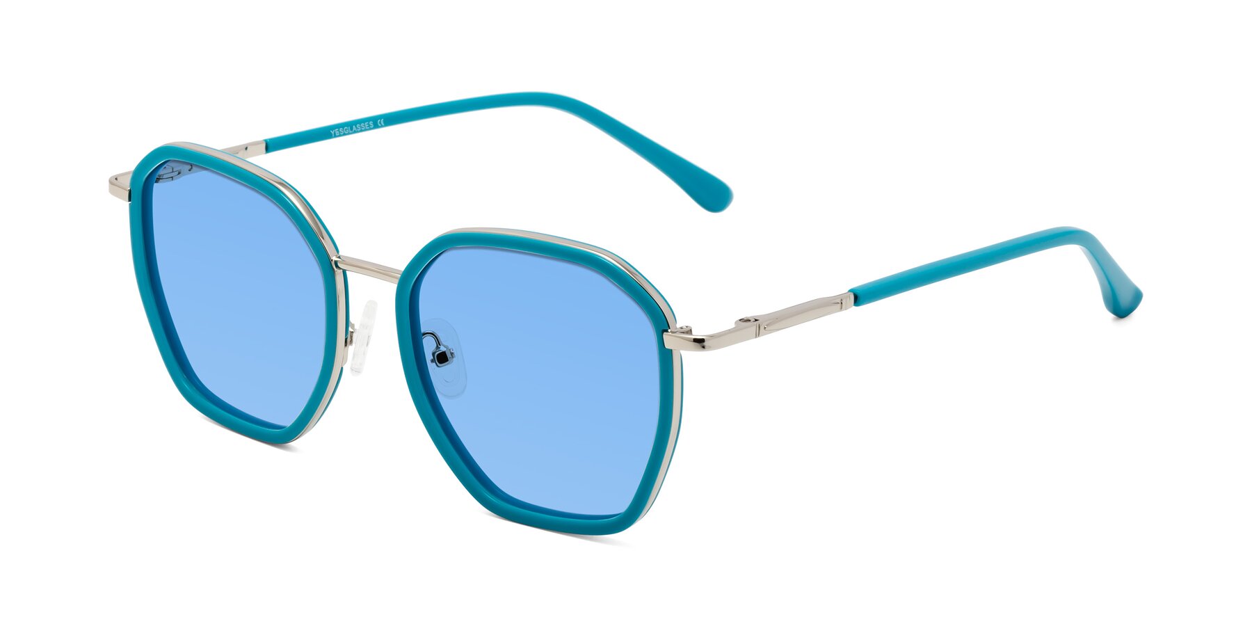 Angle of Fammily in Teal-Sliver with Medium Blue Tinted Lenses