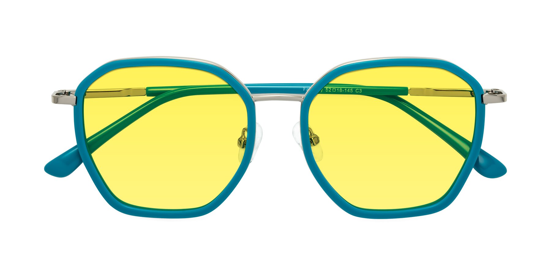 Folded Front of Fammily in Teal-Sliver with Medium Yellow Tinted Lenses