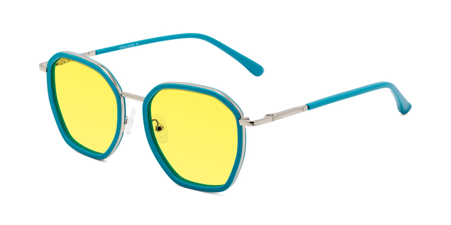 Angle of Fammily in Teal-Sliver with Medium Yellow Tinted Lenses