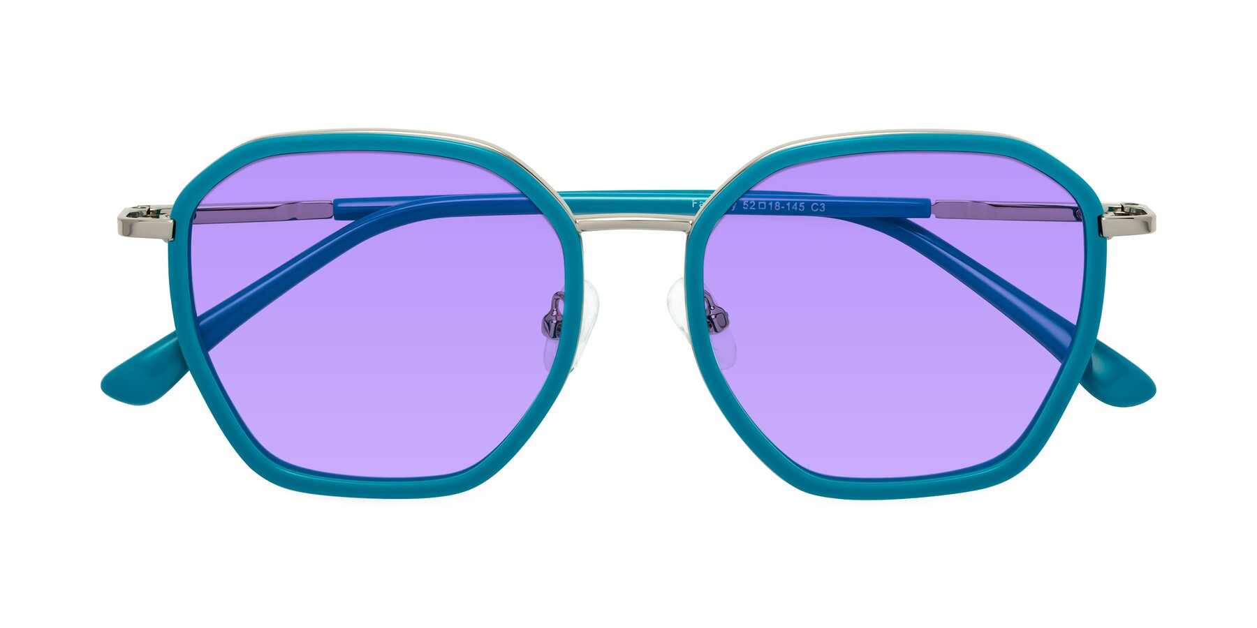 Folded Front of Fammily in Teal-Sliver with Medium Purple Tinted Lenses