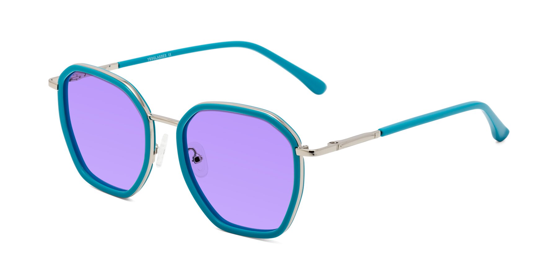 Angle of Fammily in Teal-Sliver with Medium Purple Tinted Lenses