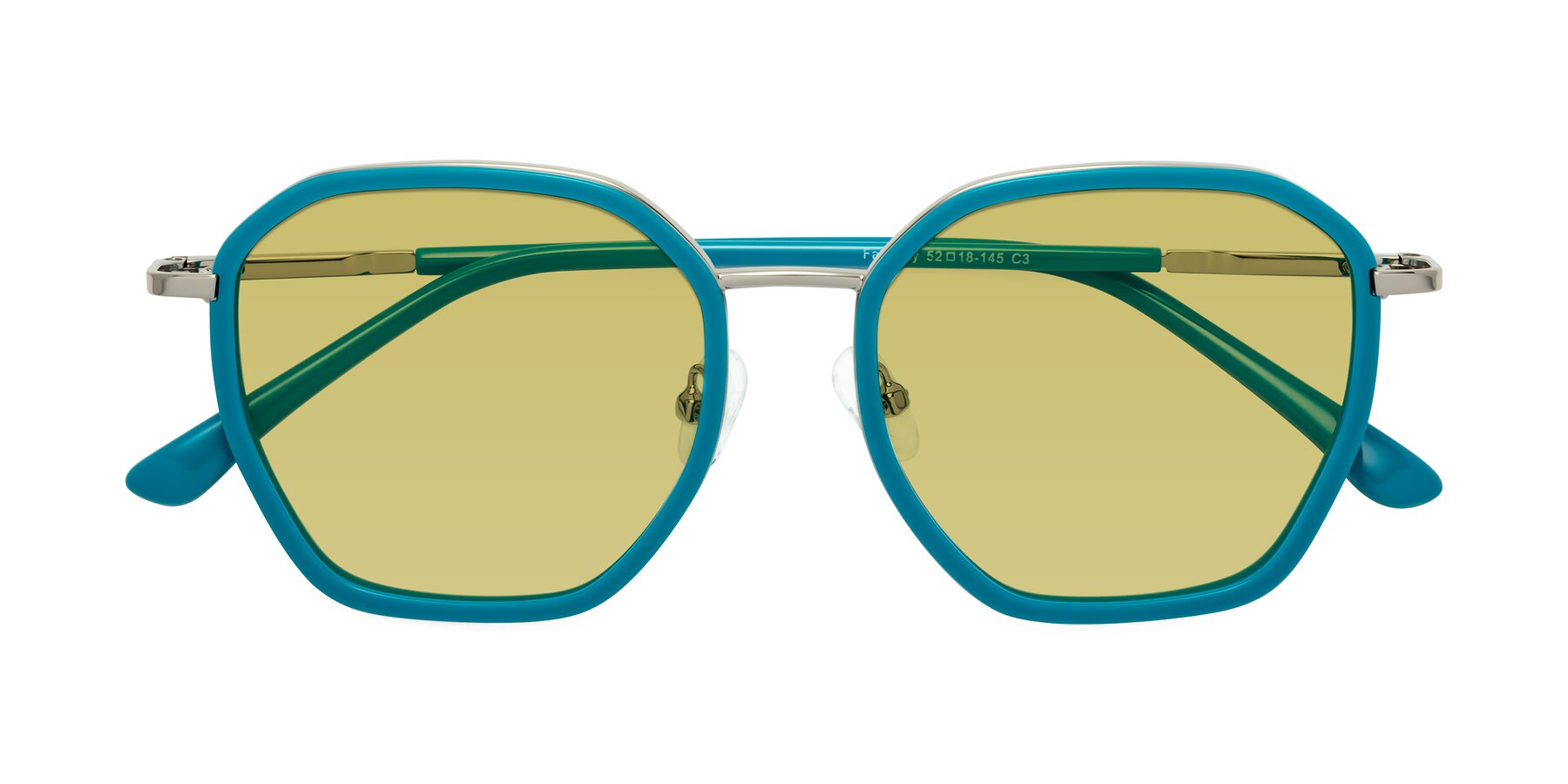 Folded Front of Fammily in Teal-Sliver with Medium Champagne Tinted Lenses