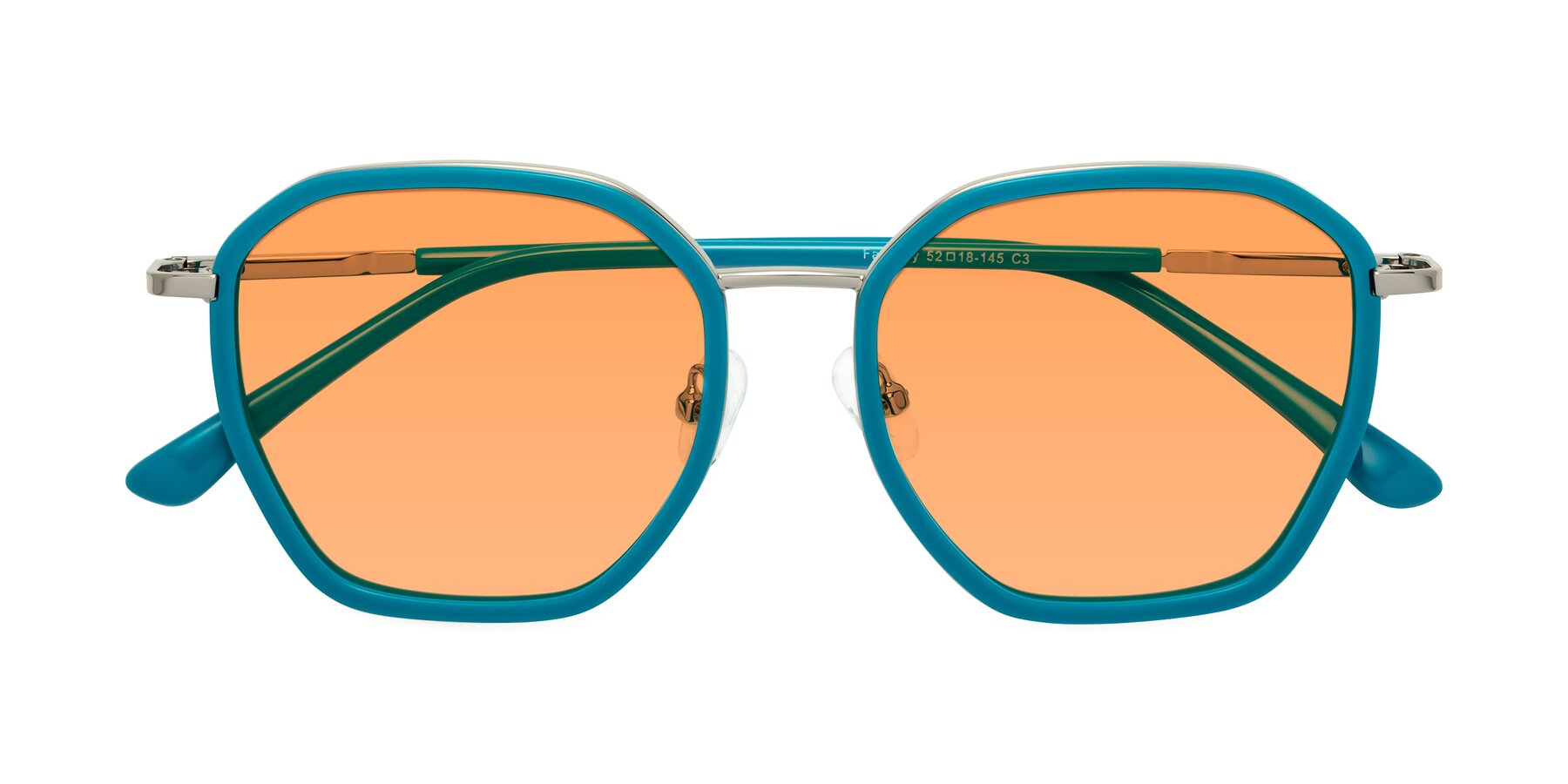 Folded Front of Fammily in Teal-Sliver with Medium Orange Tinted Lenses