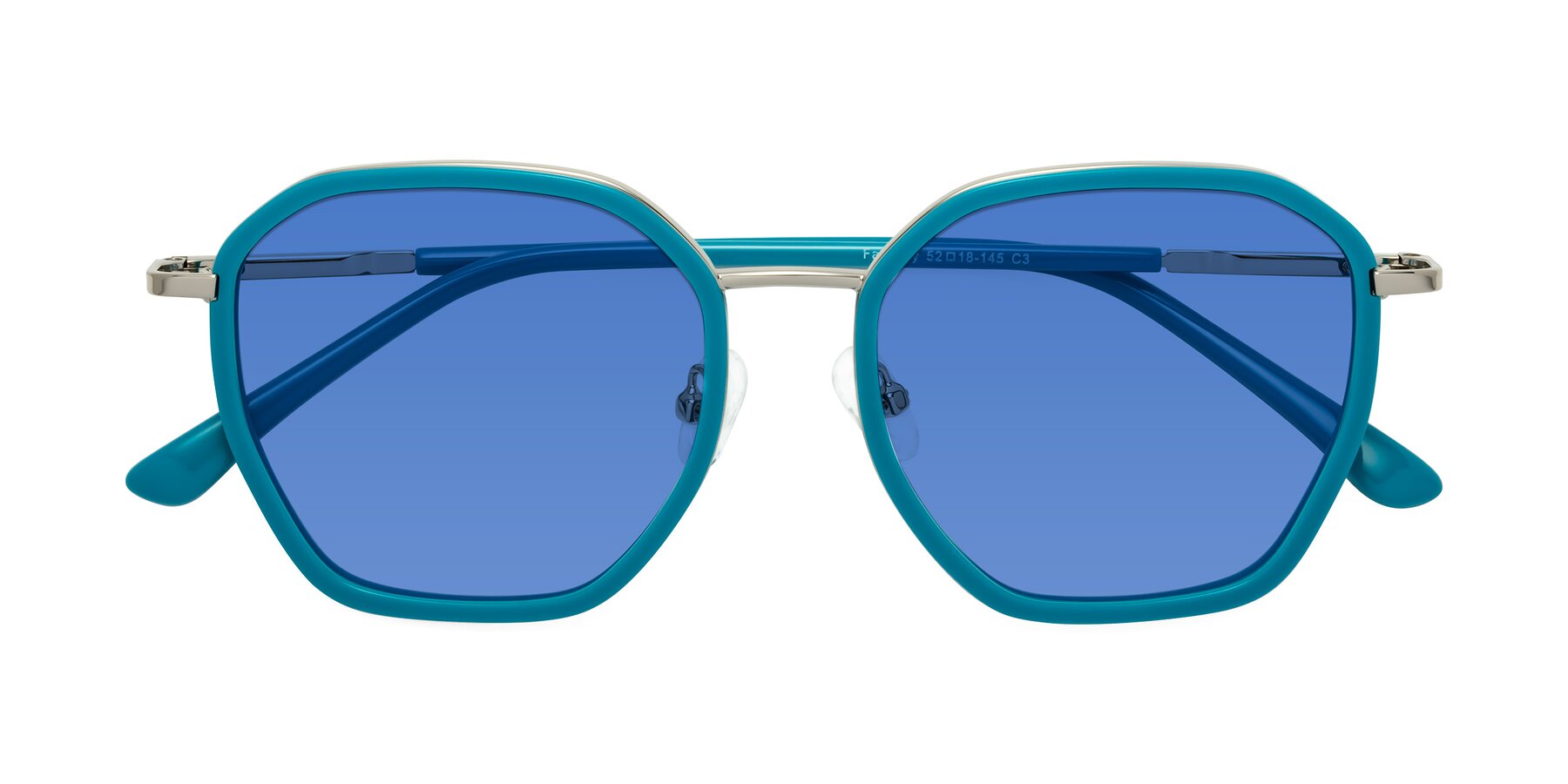 Folded Front of Fammily in Teal-Sliver with Blue Tinted Lenses