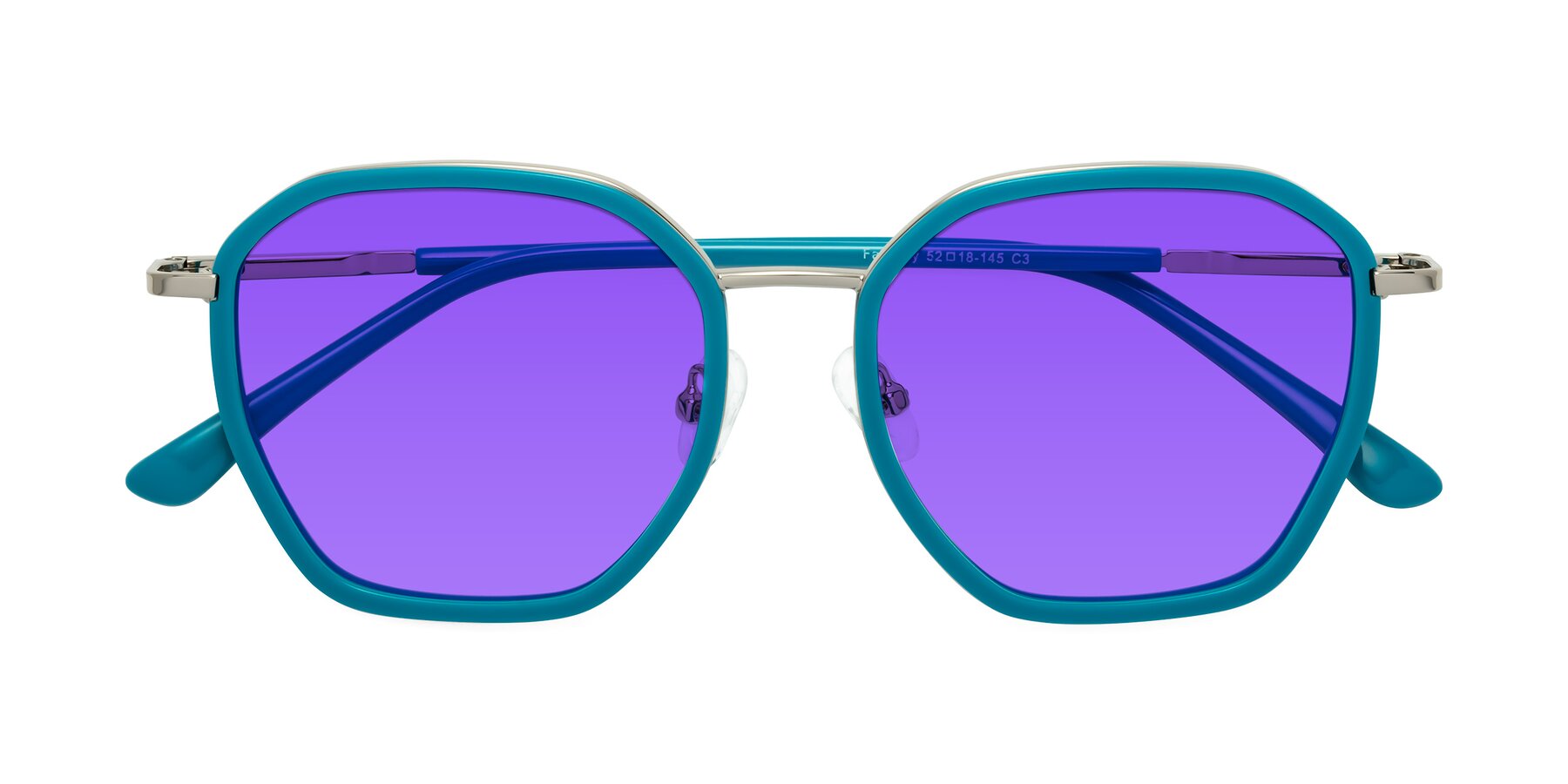 Folded Front of Fammily in Teal-Sliver with Purple Tinted Lenses