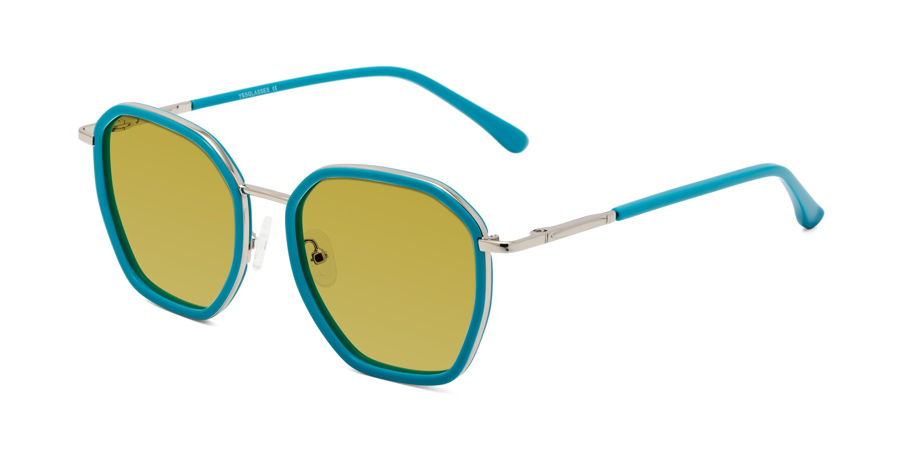 Angle of Fammily in Teal-Sliver with Champagne Tinted Lenses