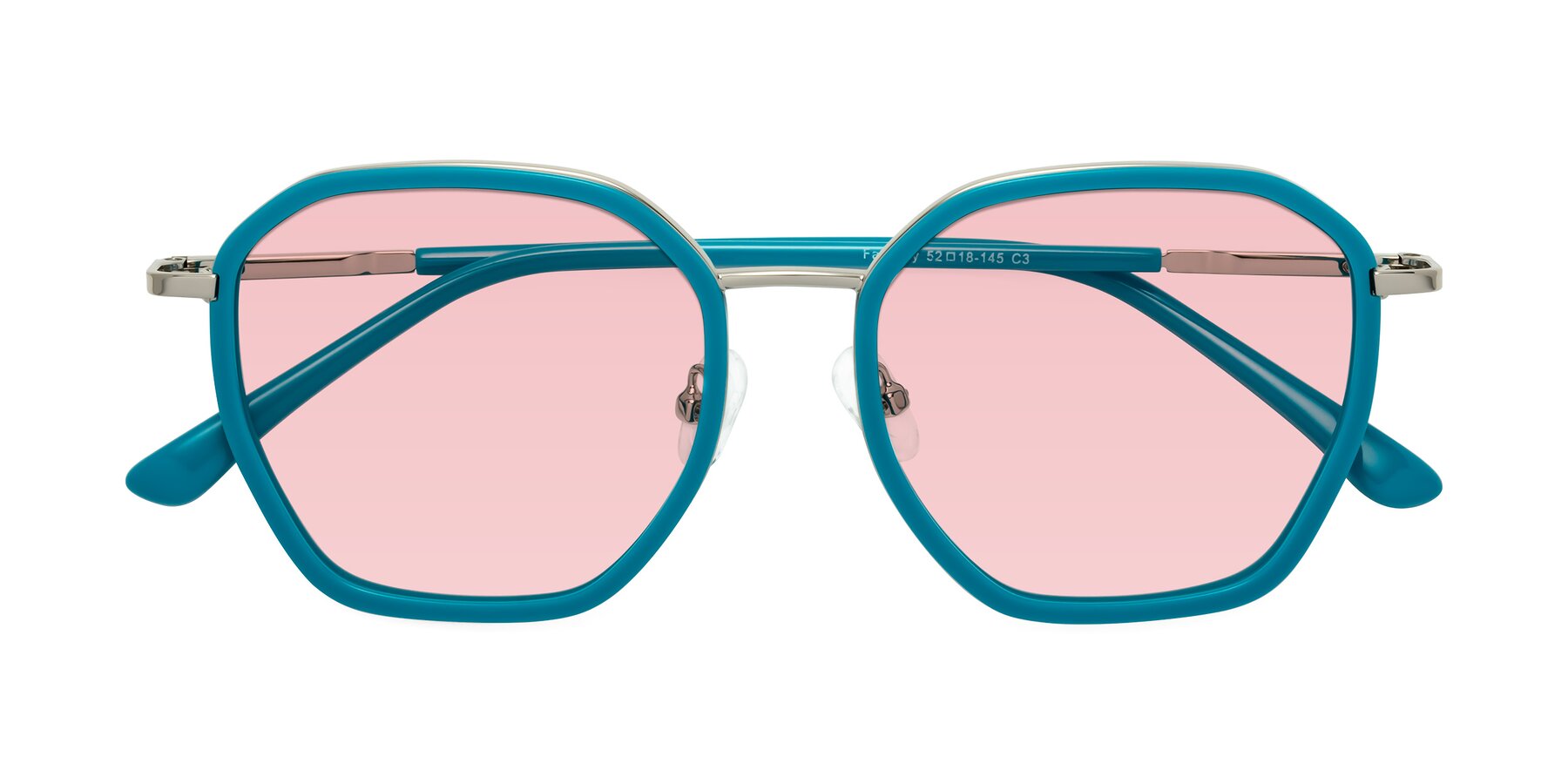 Folded Front of Fammily in Teal-Sliver with Light Garnet Tinted Lenses