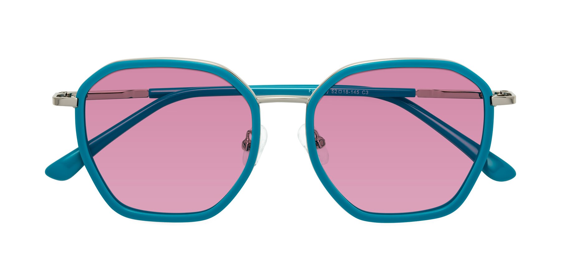 Folded Front of Fammily in Teal-Sliver with Medium Wine Tinted Lenses