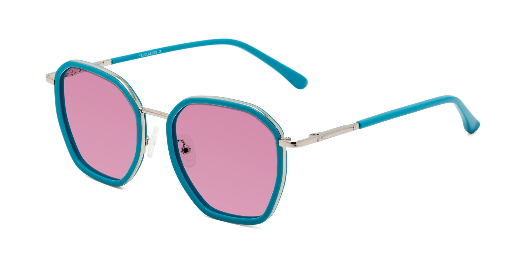 Angle of Fammily in Teal-Sliver with Medium Wine Tinted Lenses