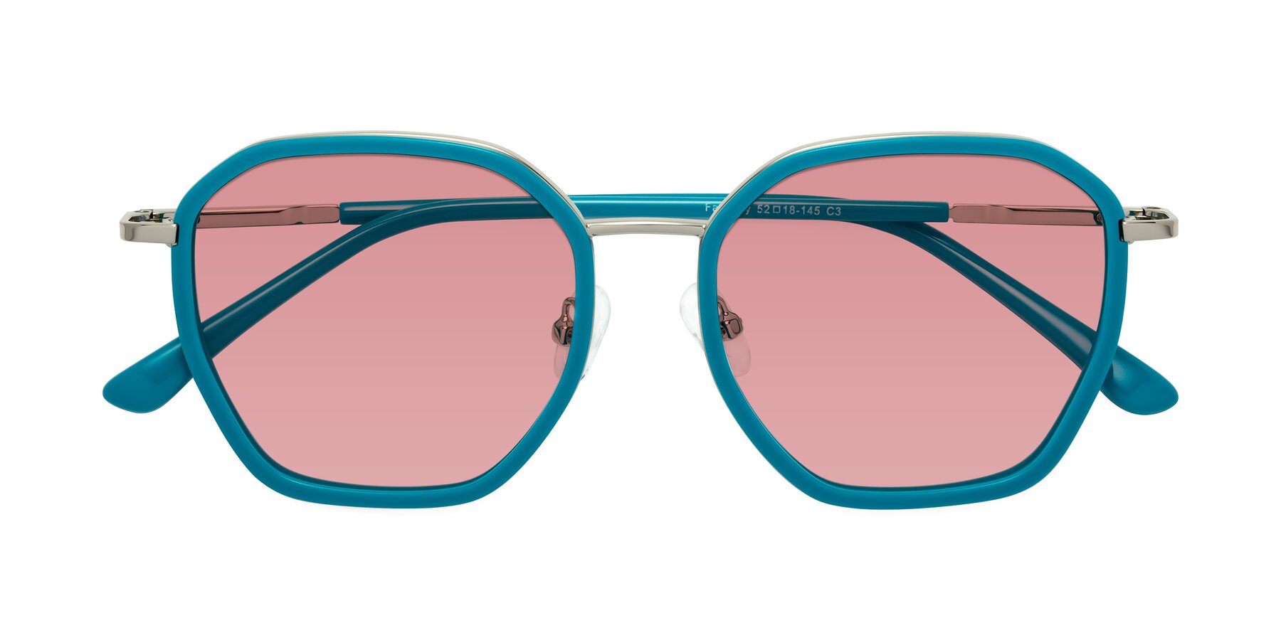 Folded Front of Fammily in Teal-Sliver with Medium Garnet Tinted Lenses