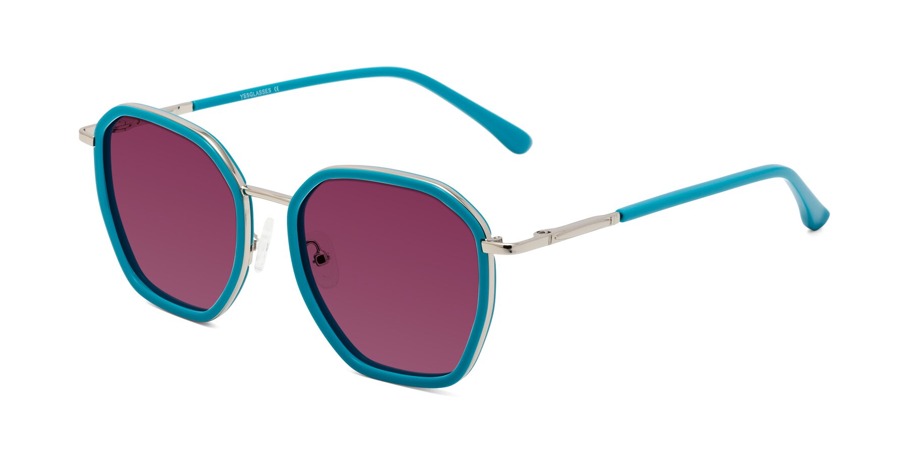 Angle of Fammily in Teal-Sliver with Wine Tinted Lenses