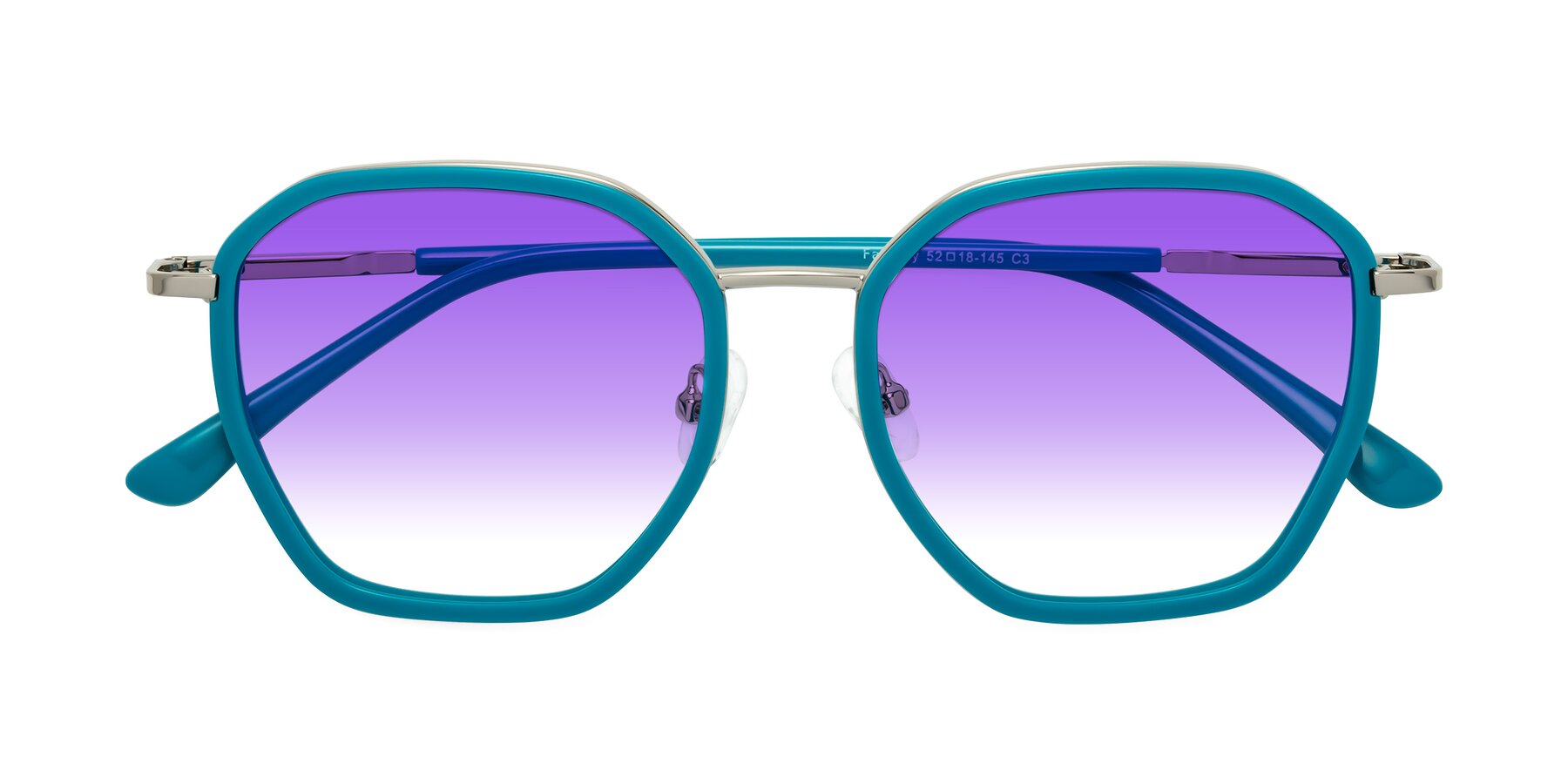 Folded Front of Fammily in Teal-Sliver with Purple Gradient Lenses